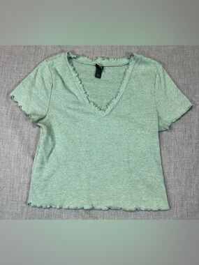 wild fable Mint Green Ribbed V-Neck Ruffle Trim crop Tee